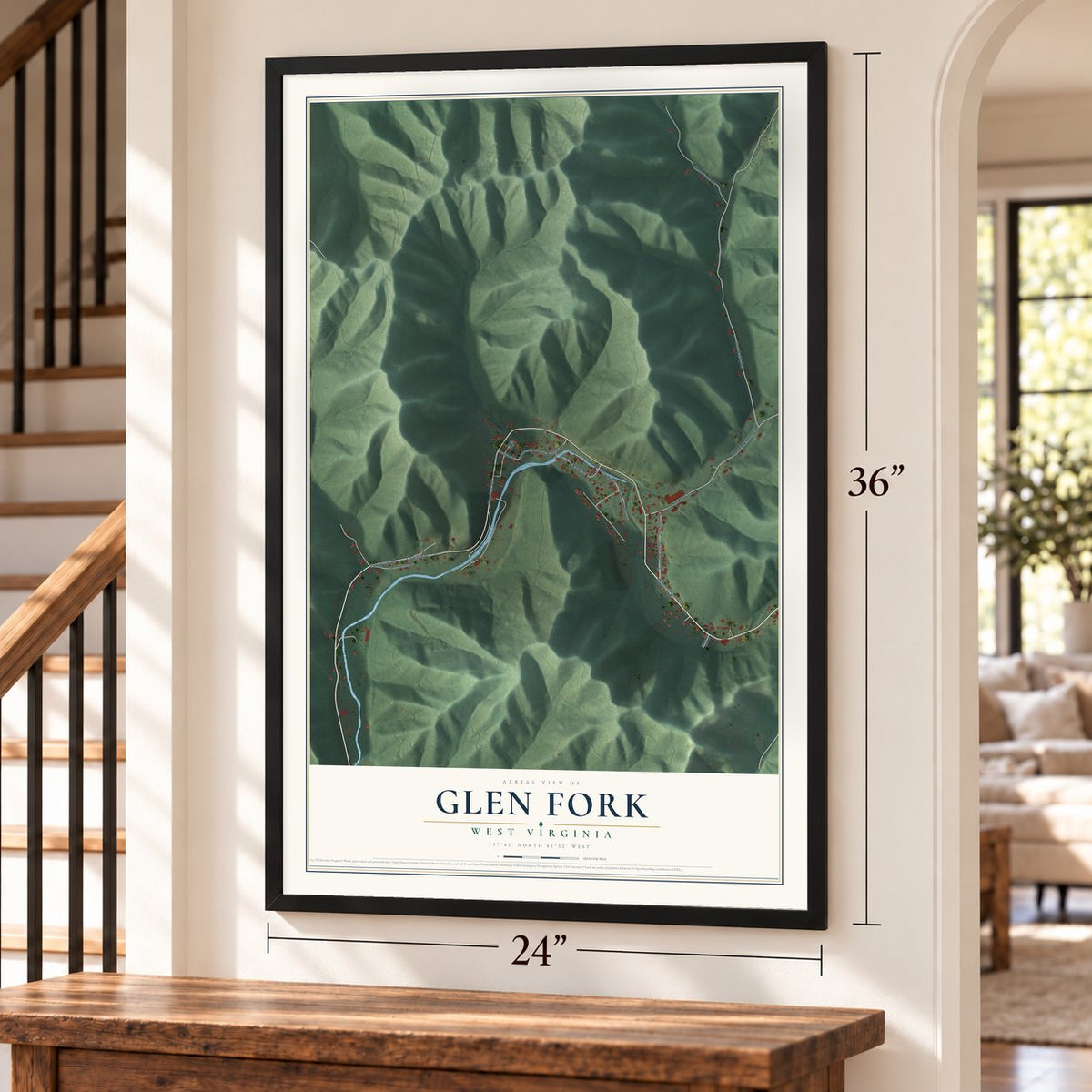 Glen Fork, West Virginia map, 24 x 36 inch print in a black frame by a staircase