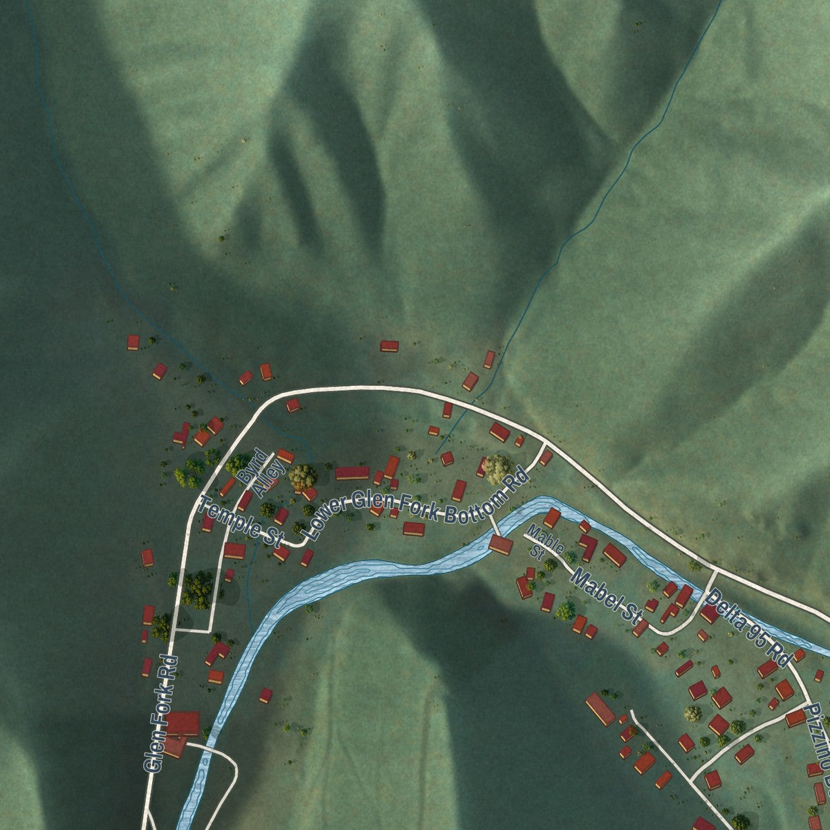 Close-up of the map of Glen Fork, West Virginia print showing street and building detail
