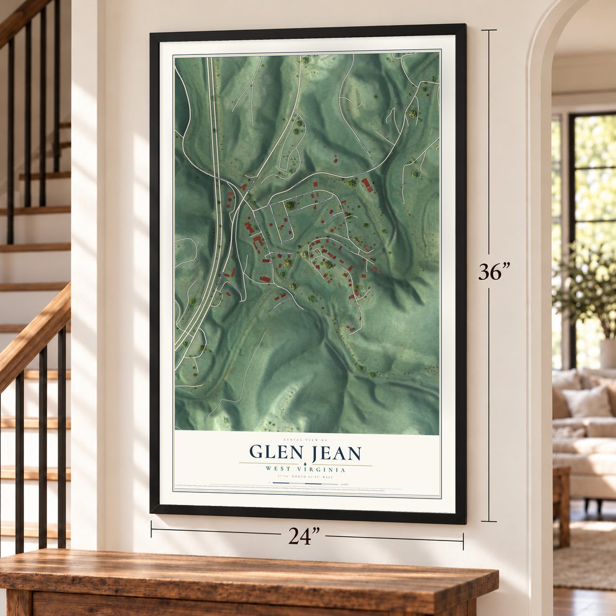 Glen Jean, West Virginia map, 24 x 36 inch print in a black frame by a staircase