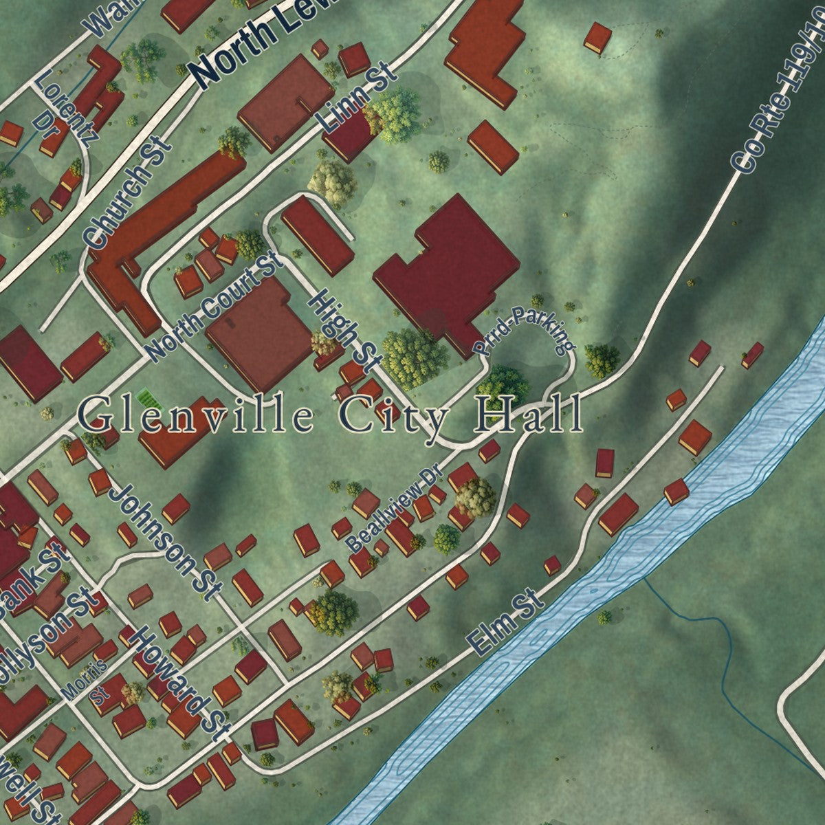 Close-up of the map of Glenville, West Virginia print showing street and building detail
