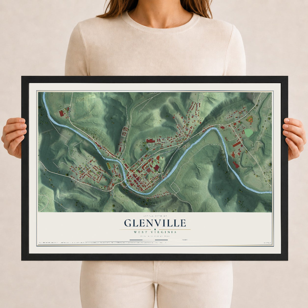 Map of Glenville, West Virginia, 12 x 18 inch print in a black wood frame