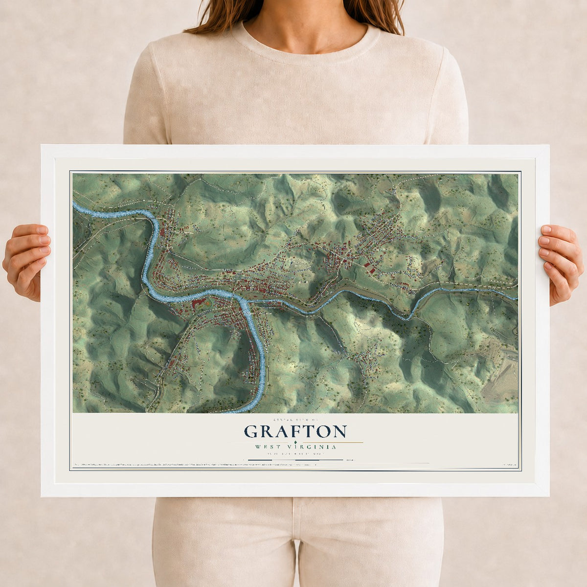 Map of Grafton, West Virginia, 12 x 18 inch print in a white wood frame