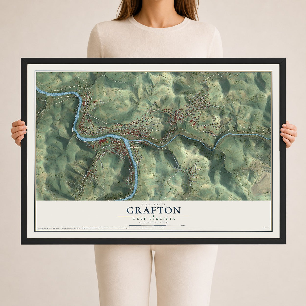 Map of Grafton, West Virginia, 24 x 36 inch print in a black wood frame