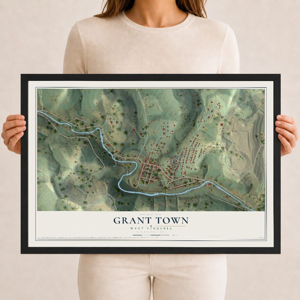 Map of Grant Town, West Virginia, 12 x 18 inch print in a black wood frame