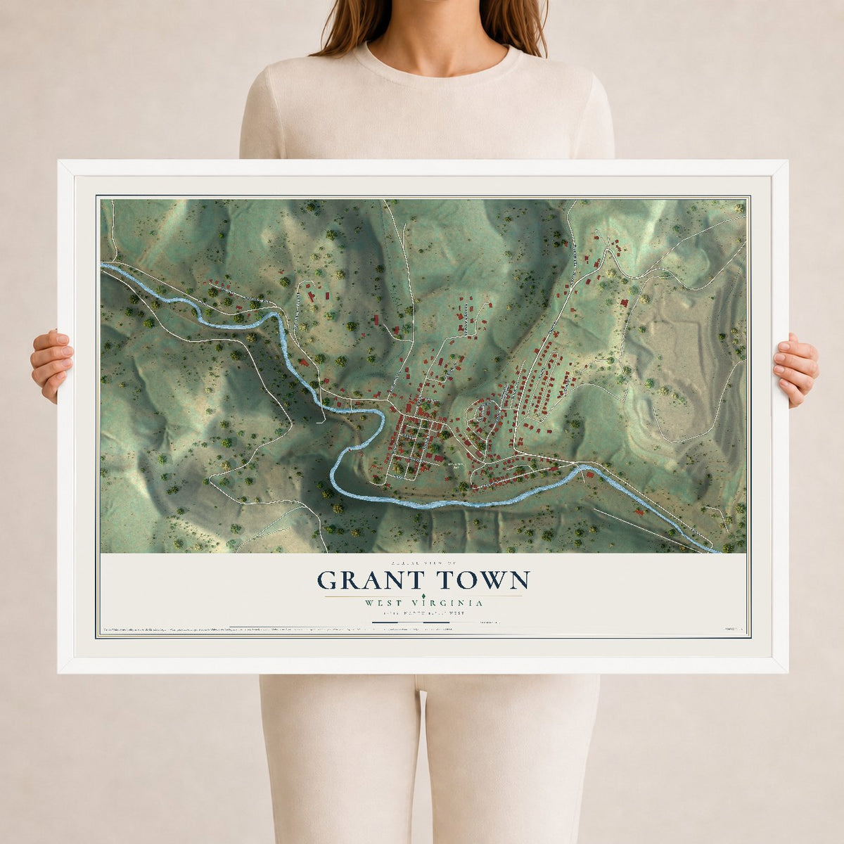 Map of Grant Town, West Virginia, 24 x 36 inch print in a white wood frame