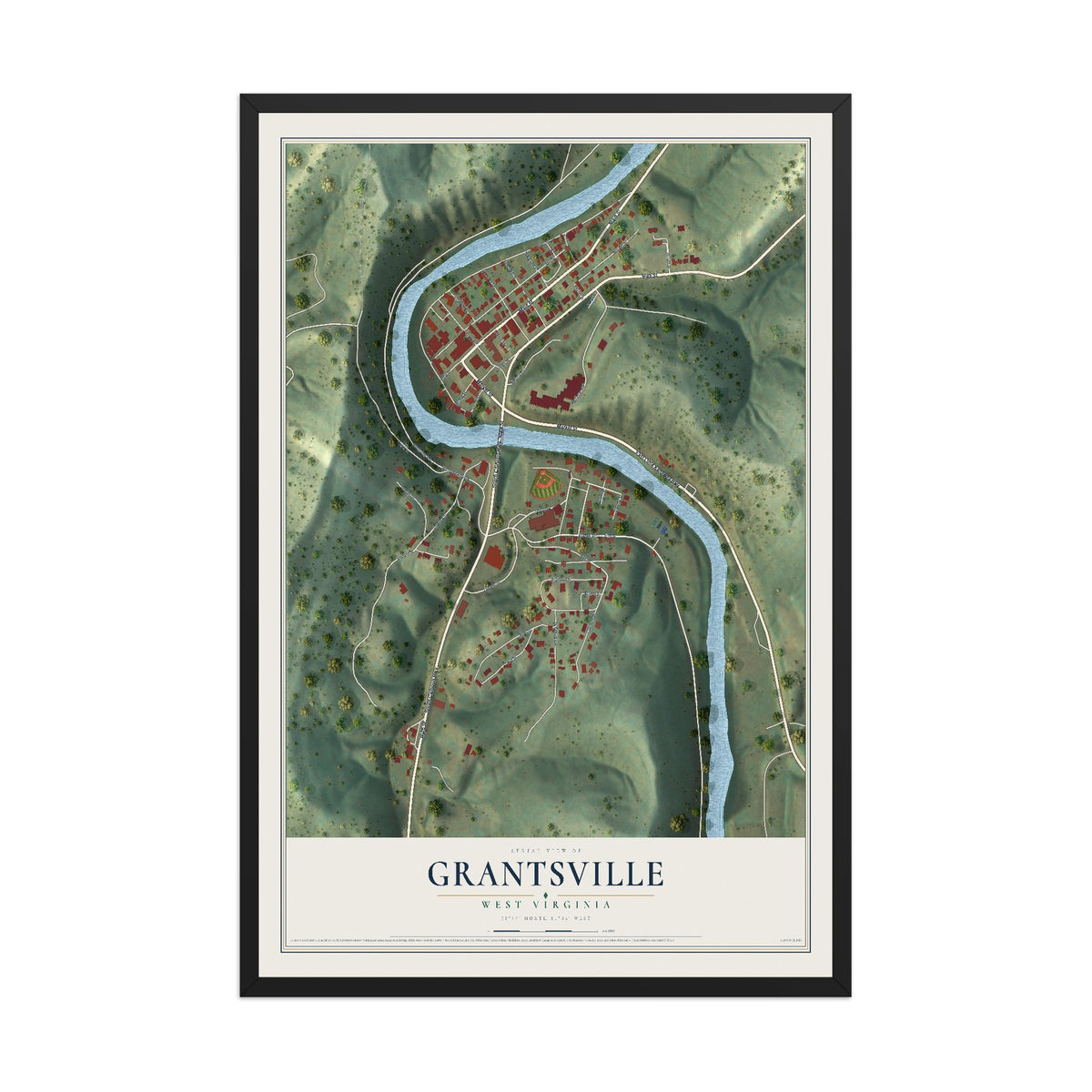 Map of Grantsville, West Virginia, 12 x 18 inch print in a black wood frame