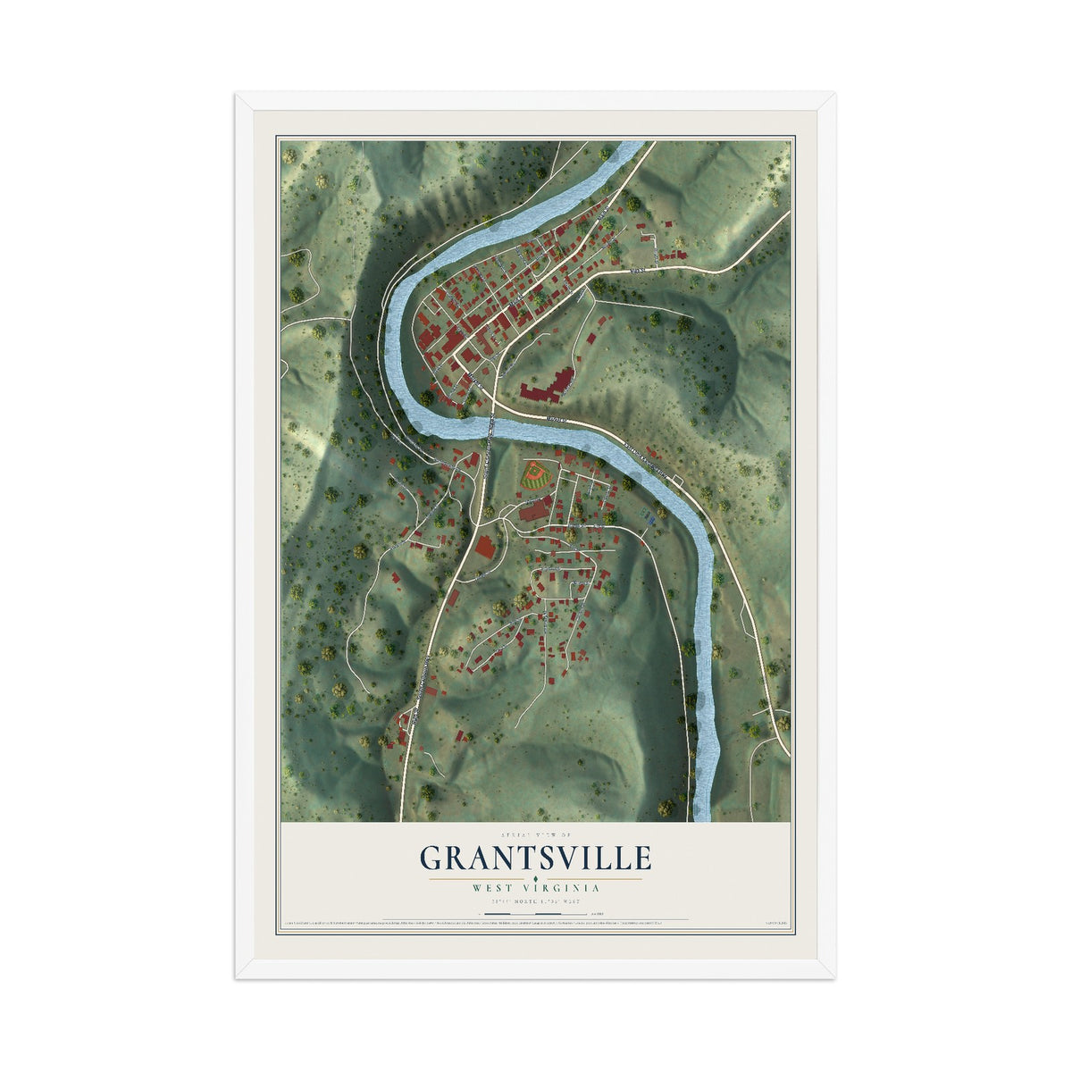 Map of Grantsville, West Virginia, 12 x 18 inch print in a white wood frame
