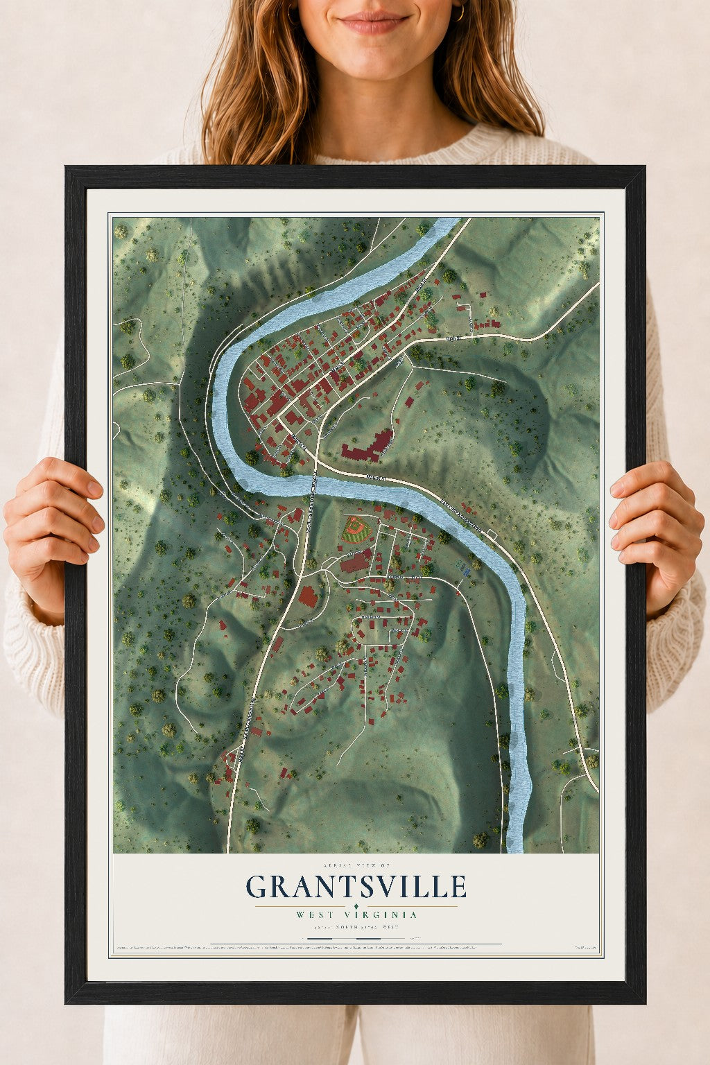 Map of Grantsville, West Virginia, 18 x 24 inch print in a black wood frame