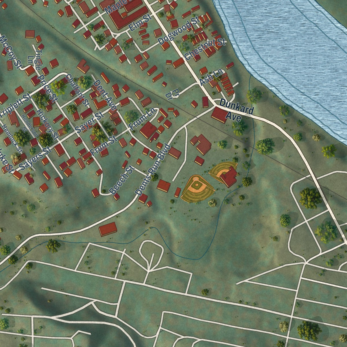 Close-up of the map of Granville, West Virginia print showing street and building detail