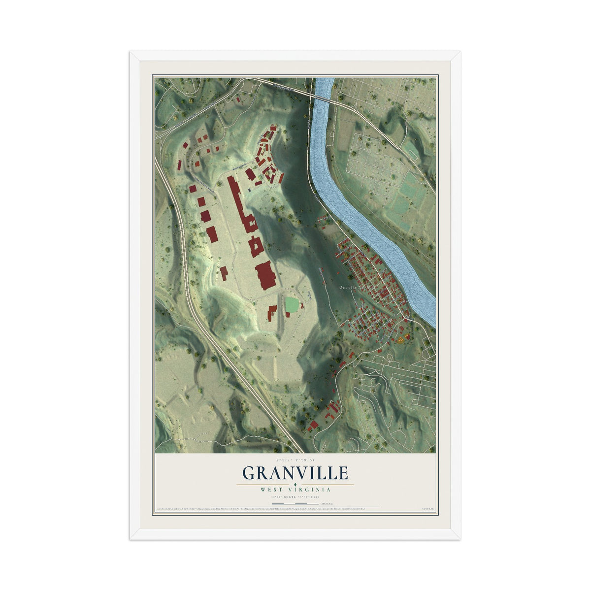 Map of Granville, West Virginia, 12 x 18 inch print in a white wood frame