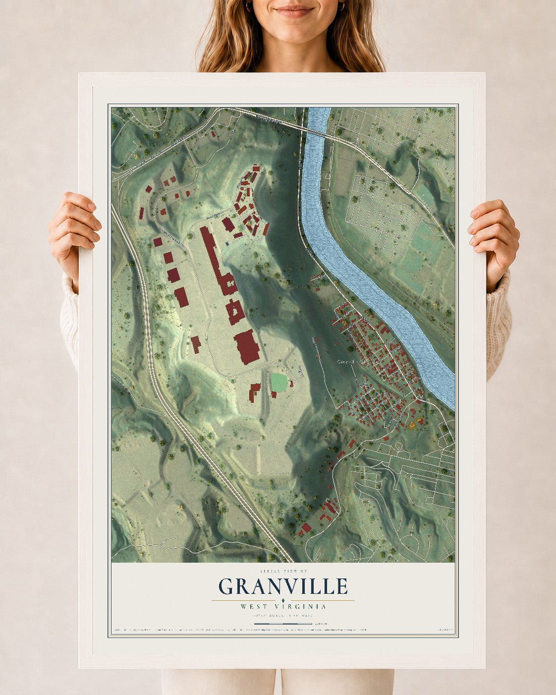 Map of Granville, West Virginia, 24 x 36 inch print in a white wood frame