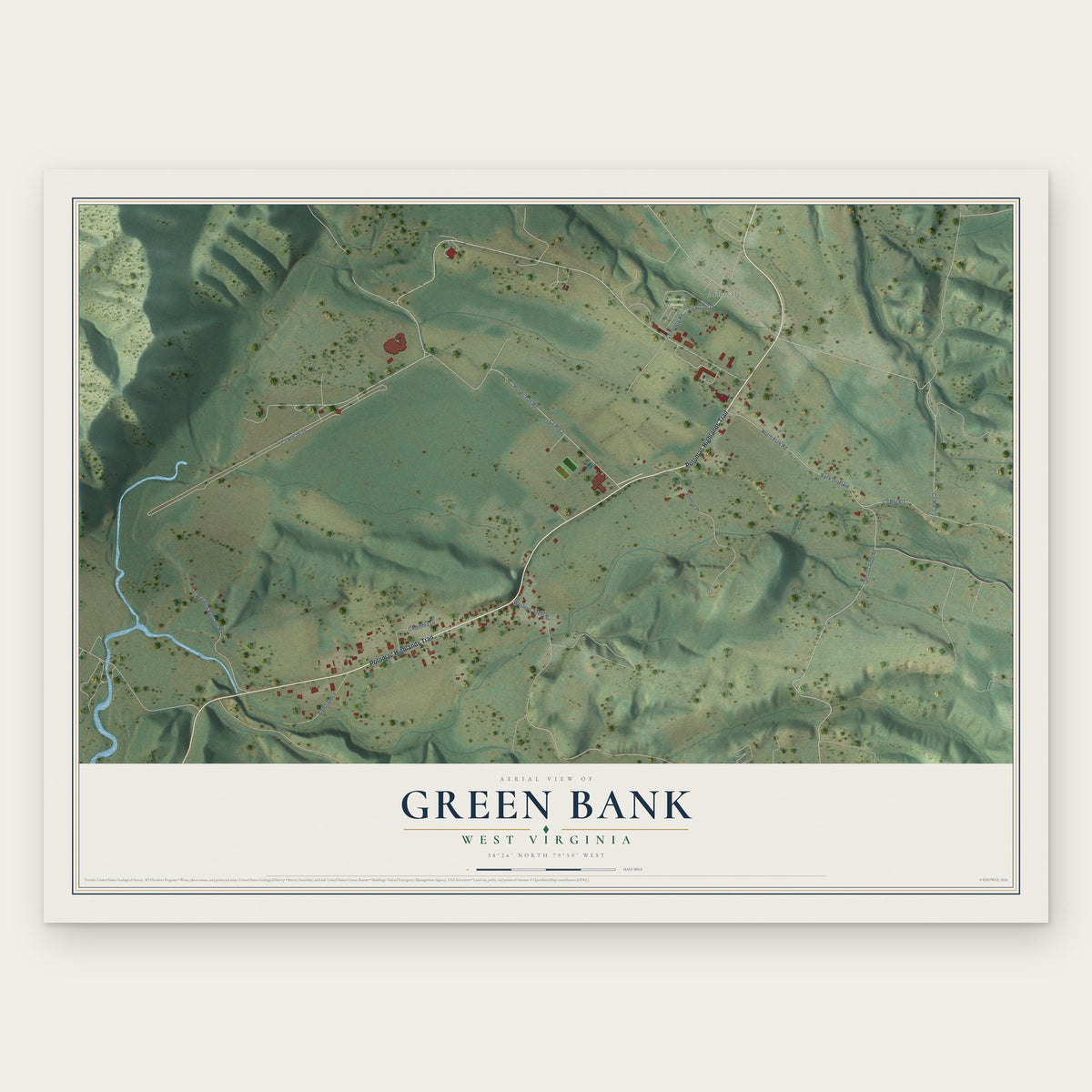 Green Bank, West Virginia map print, the full design