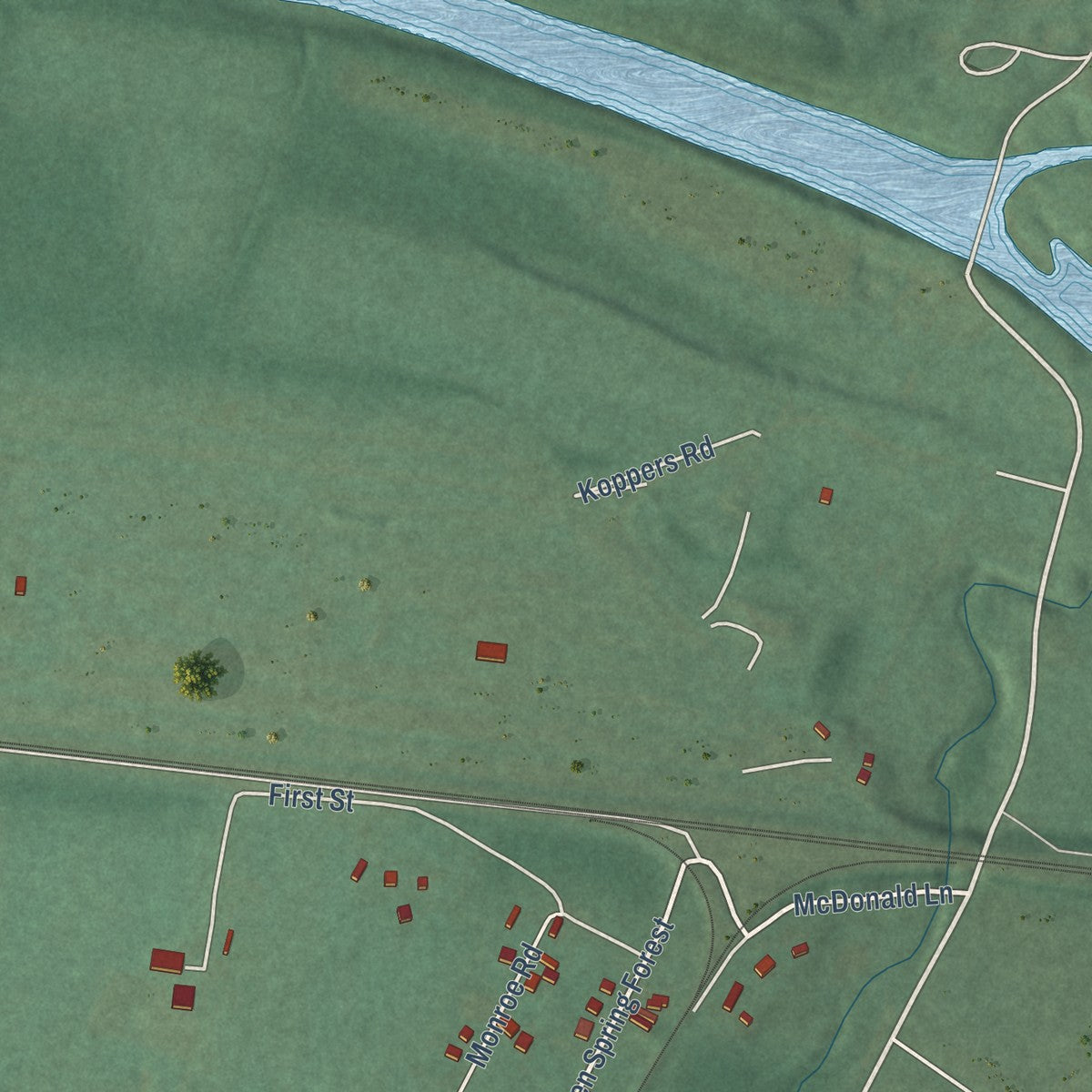 Close-up of the map of Green Spring, West Virginia print showing street and building detail