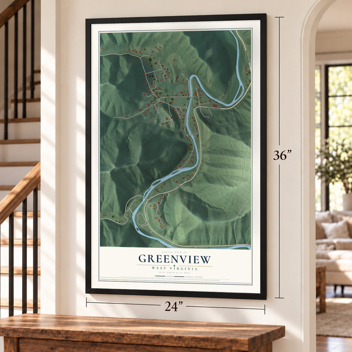Greenview, West Virginia map, 24 x 36 inch print in a black frame by a staircase