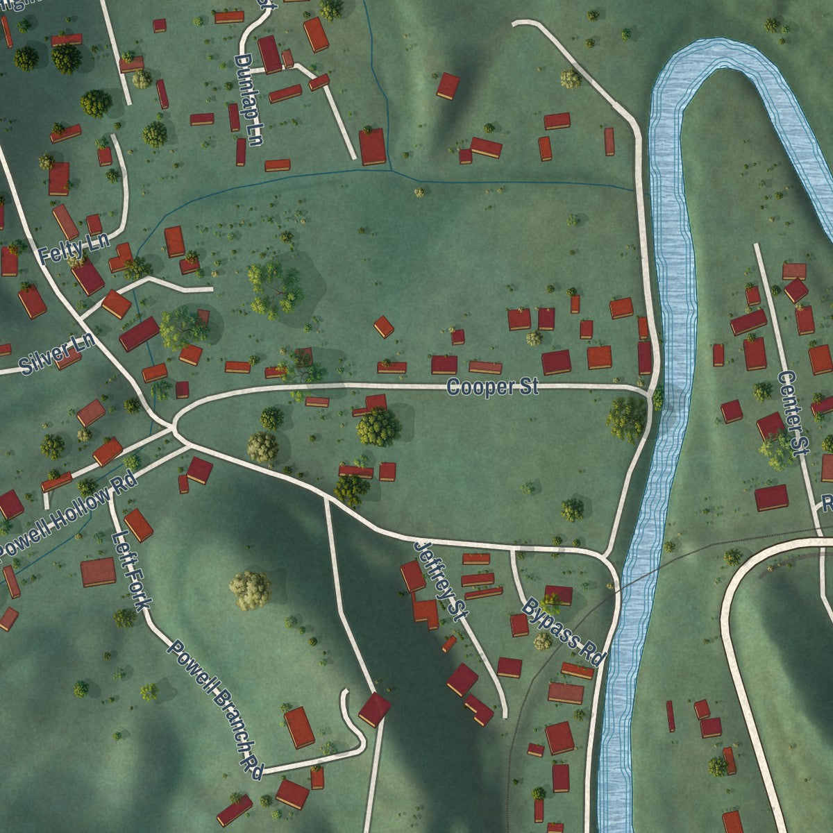 Close-up of the map of Greenview, West Virginia print showing street and building detail
