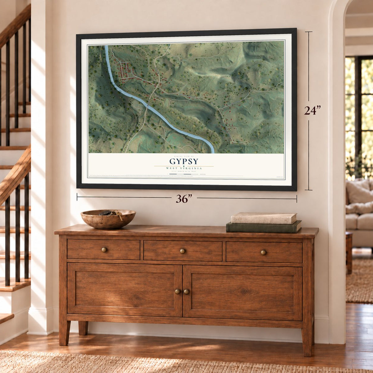 Gypsy, West Virginia map, 24 x 36 inch print in a black frame above a dresser by a staircase