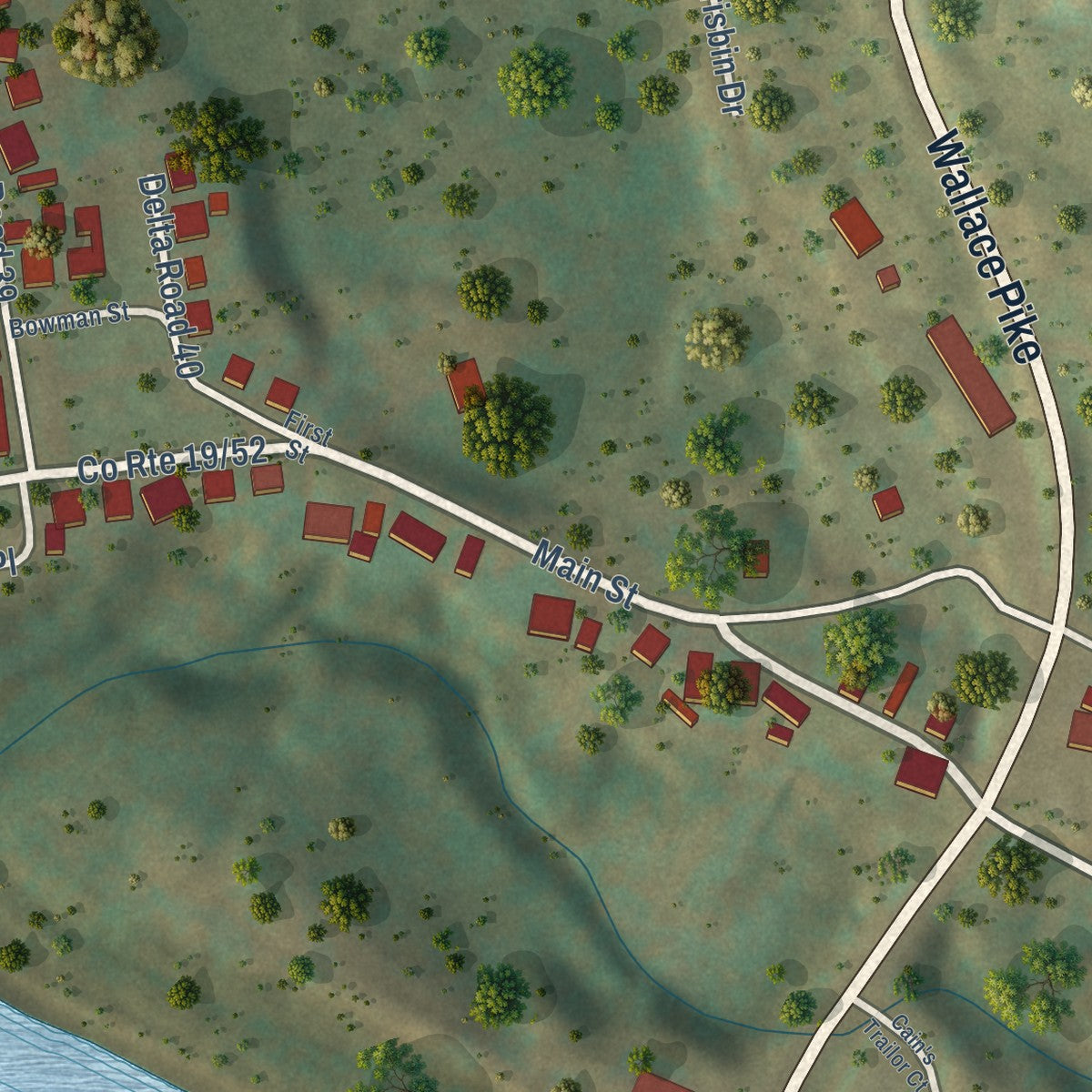 Close-up of the map of Gypsy, West Virginia print showing street and building detail
