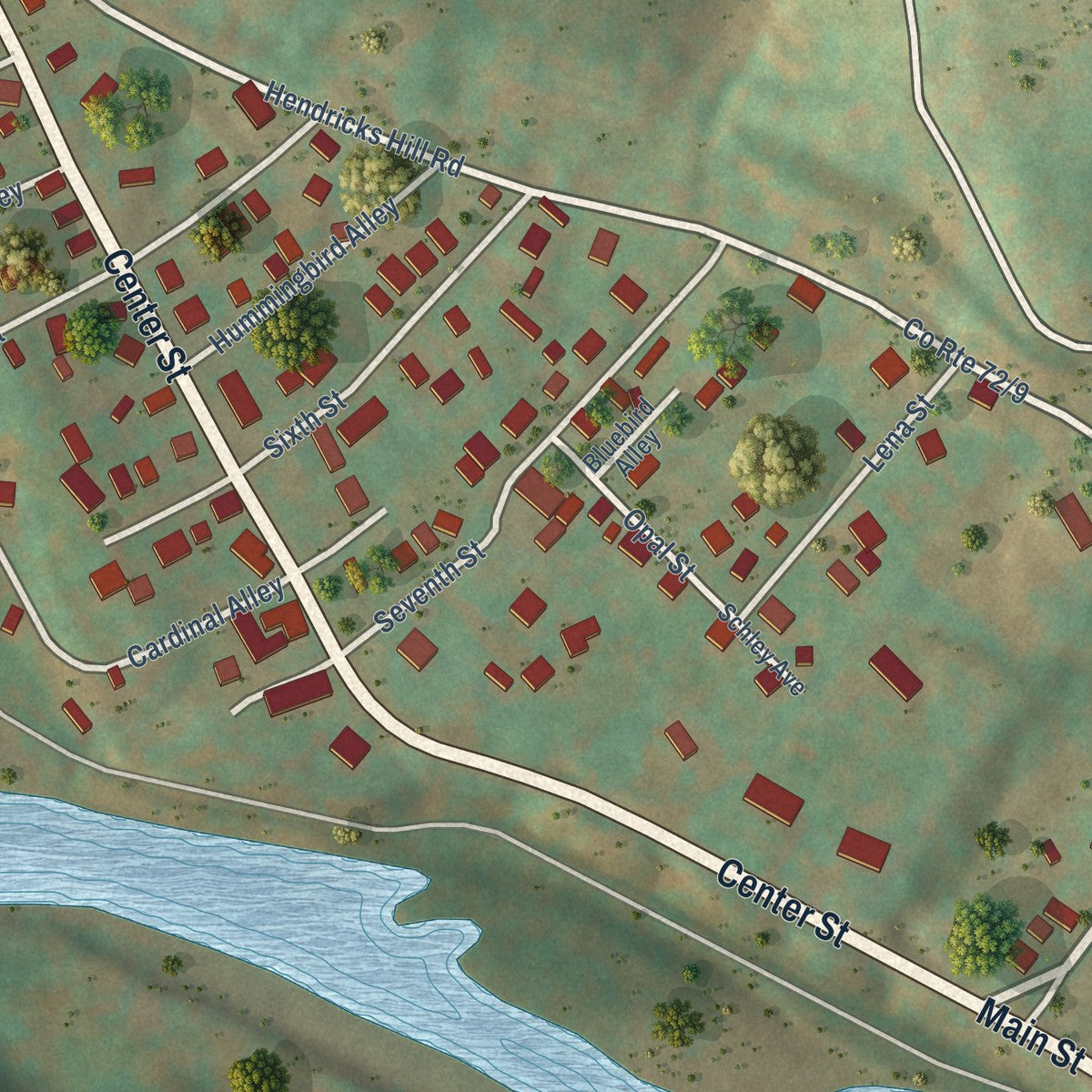 Close-up of the map of Hambleton, West Virginia print showing street and building detail