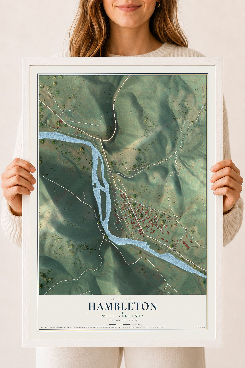 Map of Hambleton, West Virginia, 18 x 24 inch print in a white wood frame