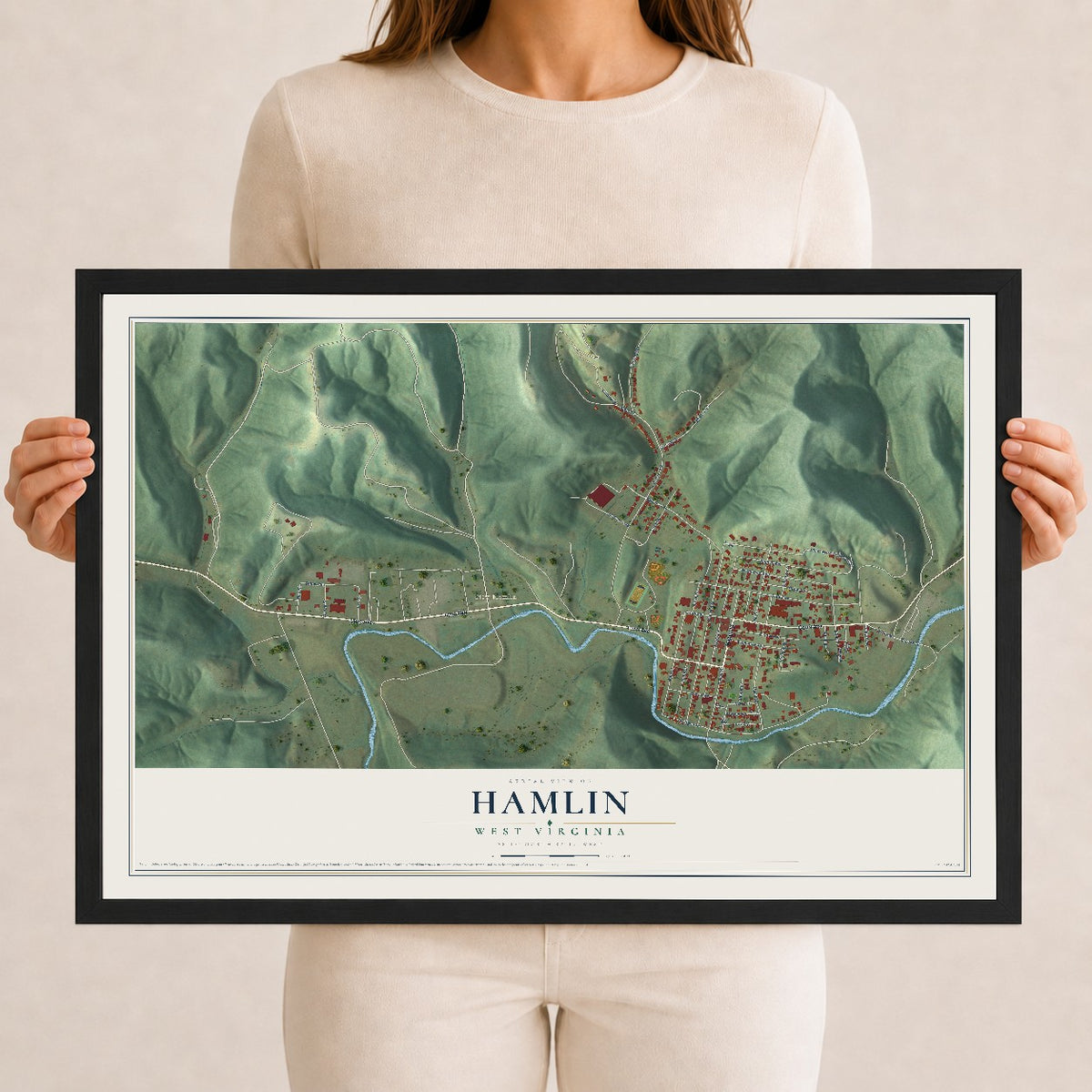 Map of Hamlin, West Virginia, 12 x 18 inch print in a black wood frame