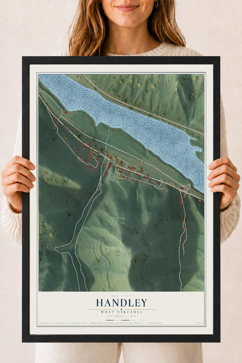 Map of Handley, West Virginia, 18 x 24 inch print in a black wood frame