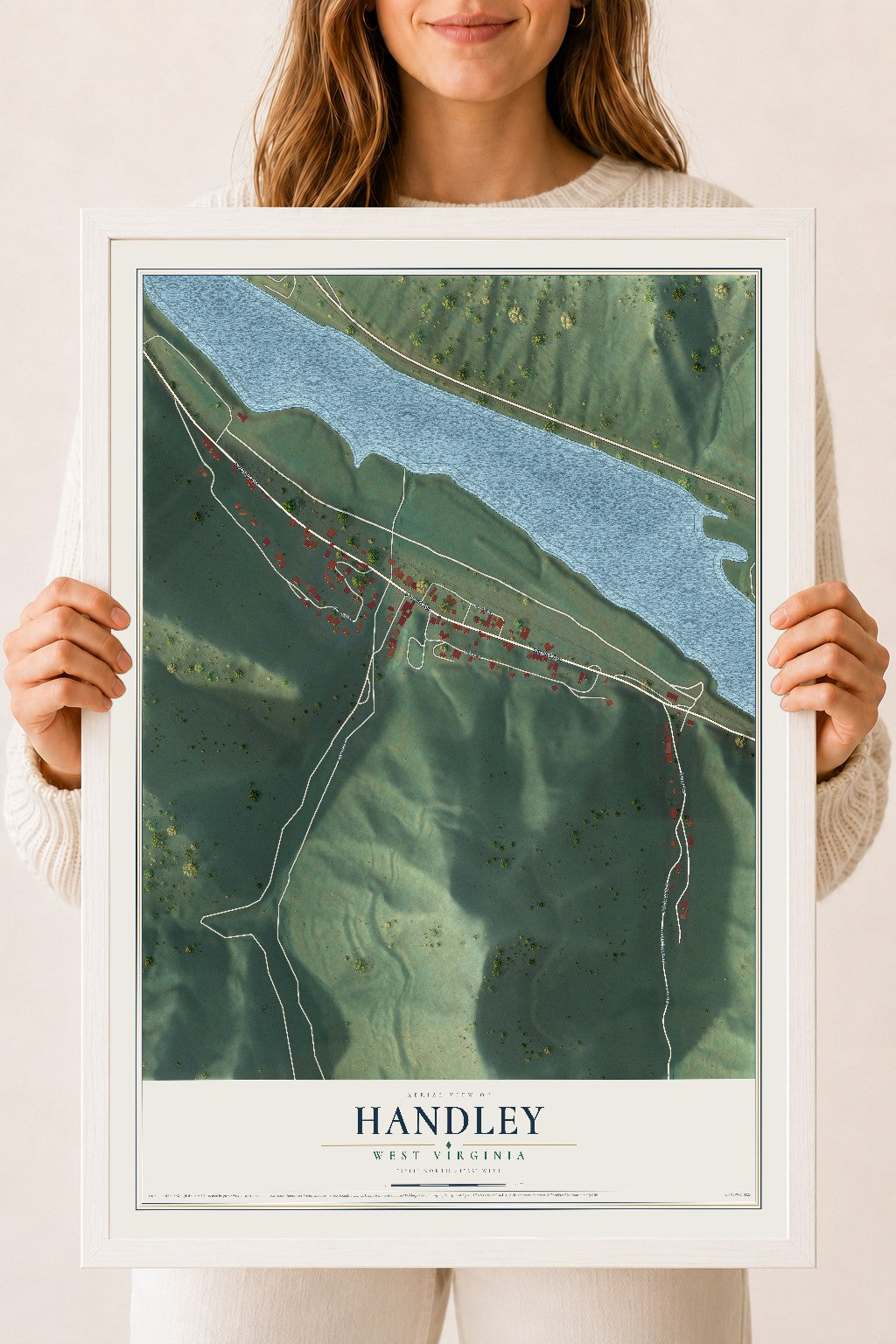 Map of Handley, West Virginia, 18 x 24 inch print in a white wood frame