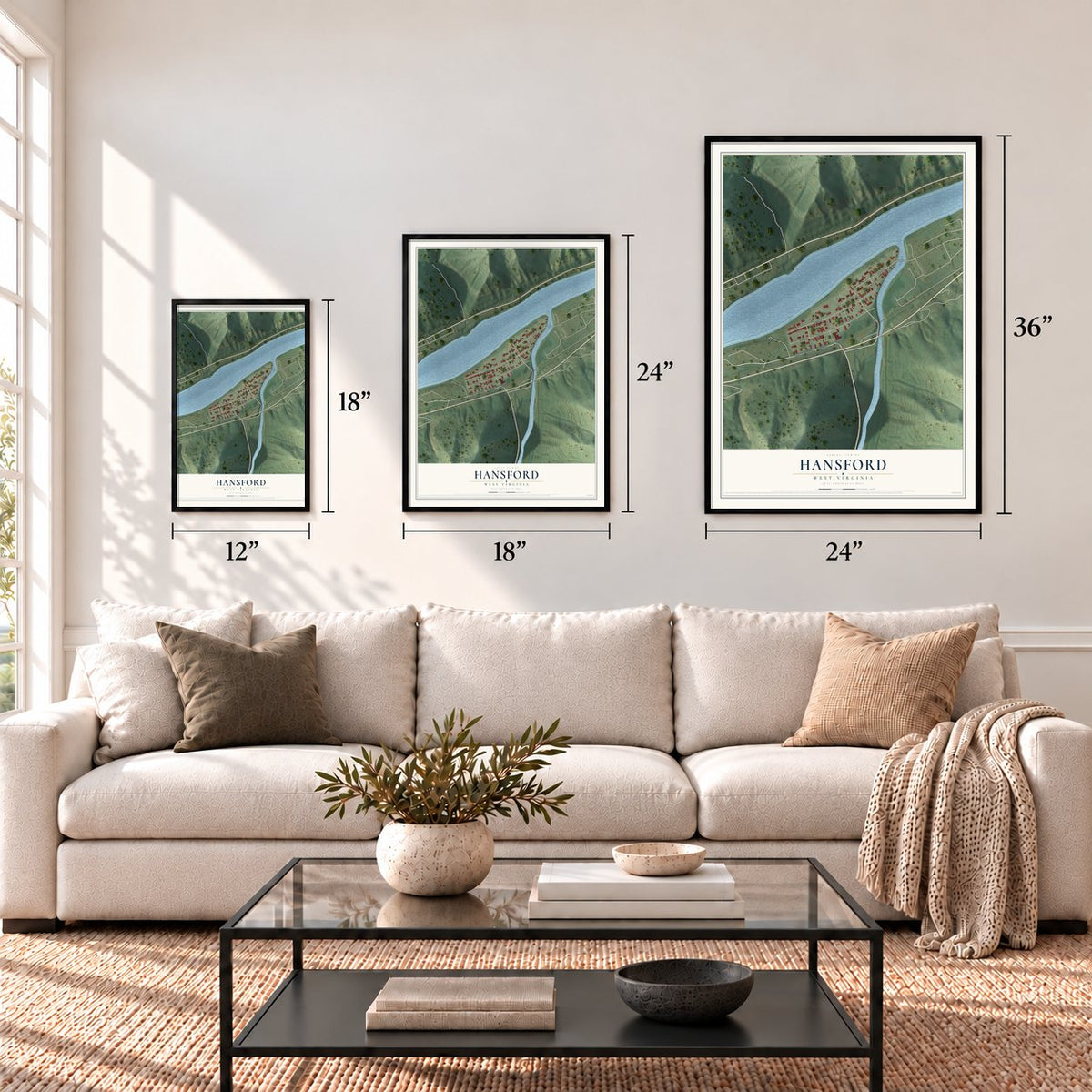 Hansford, West Virginia map in 12 x 18, 18 x 24 and 24 x 36 inch sizes above a sofa