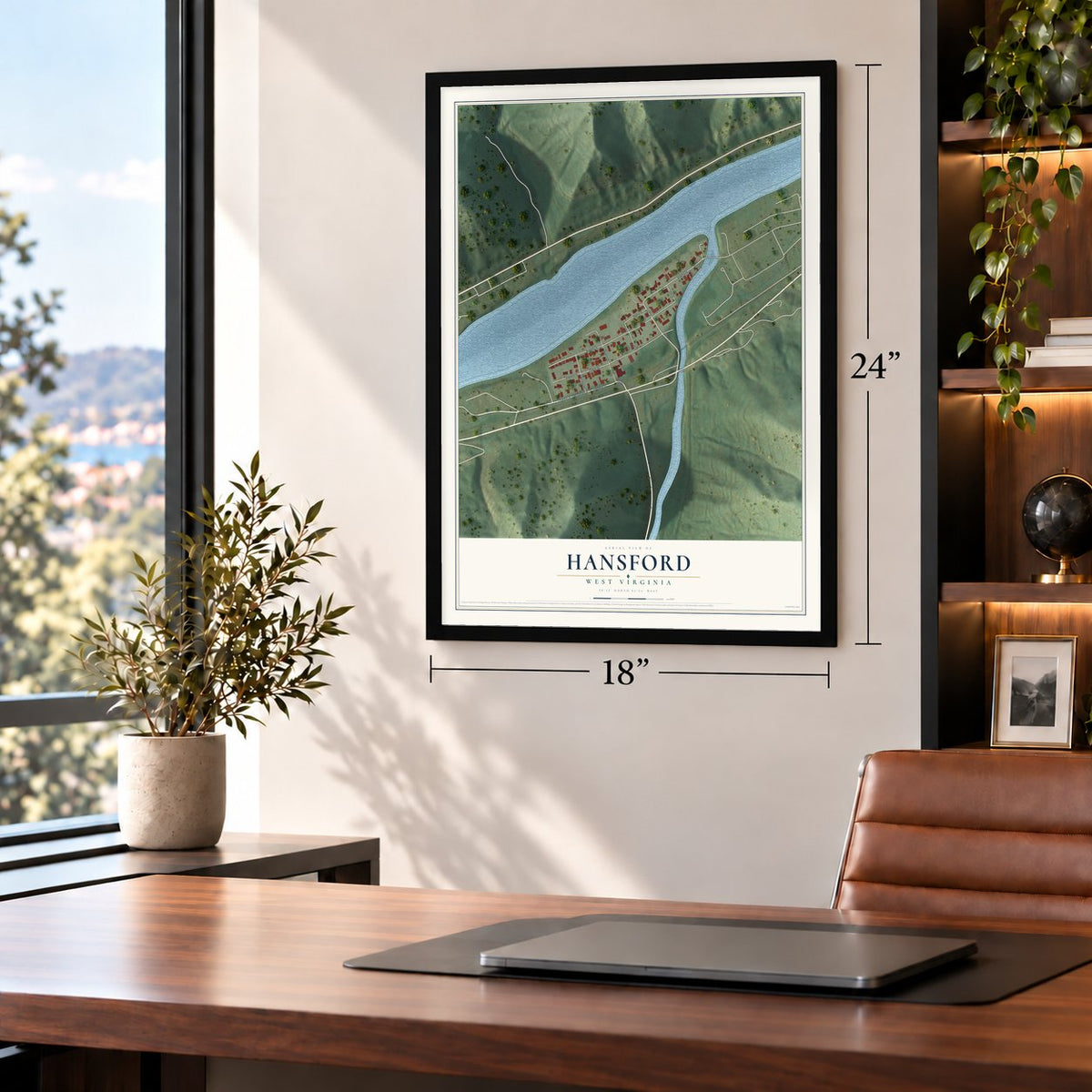 Hansford, West Virginia map, 18 x 24 inch print in a black frame in a home office