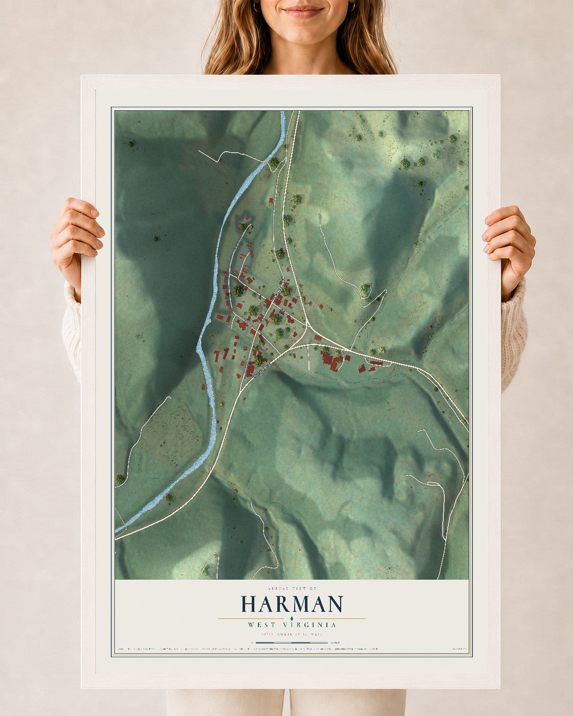 Map of Harman, West Virginia, 24 x 36 inch print in a white wood frame