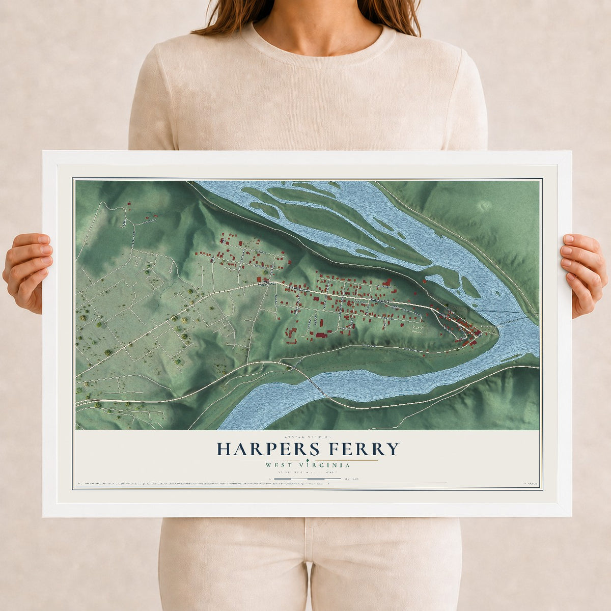 Map of Harpers Ferry, West Virginia, 12 x 18 inch print in a white wood frame