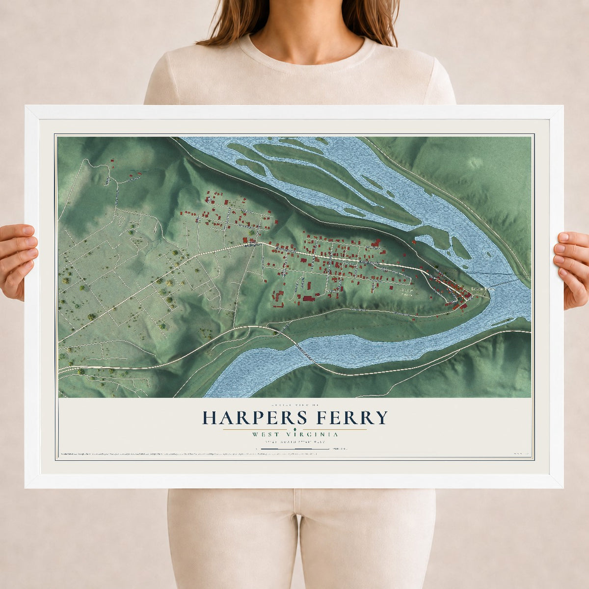 Map of Harpers Ferry, West Virginia, 18 x 24 inch print in a white wood frame