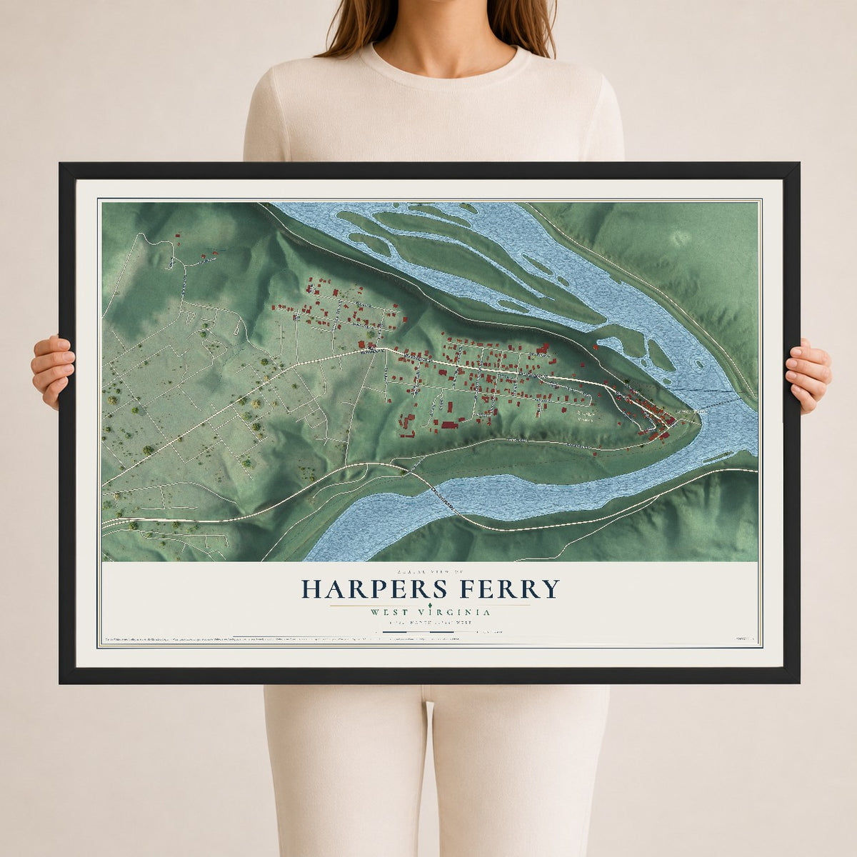 Map of Harpers Ferry, West Virginia, 24 x 36 inch print in a black wood frame