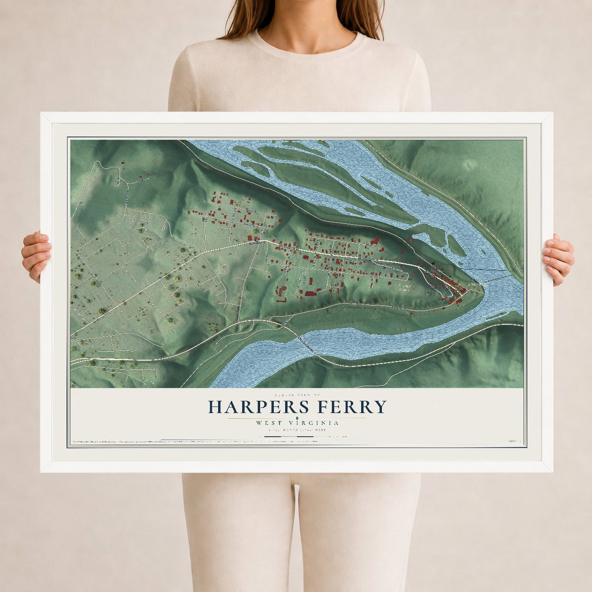 Map of Harpers Ferry, West Virginia, 24 x 36 inch print in a white wood frame