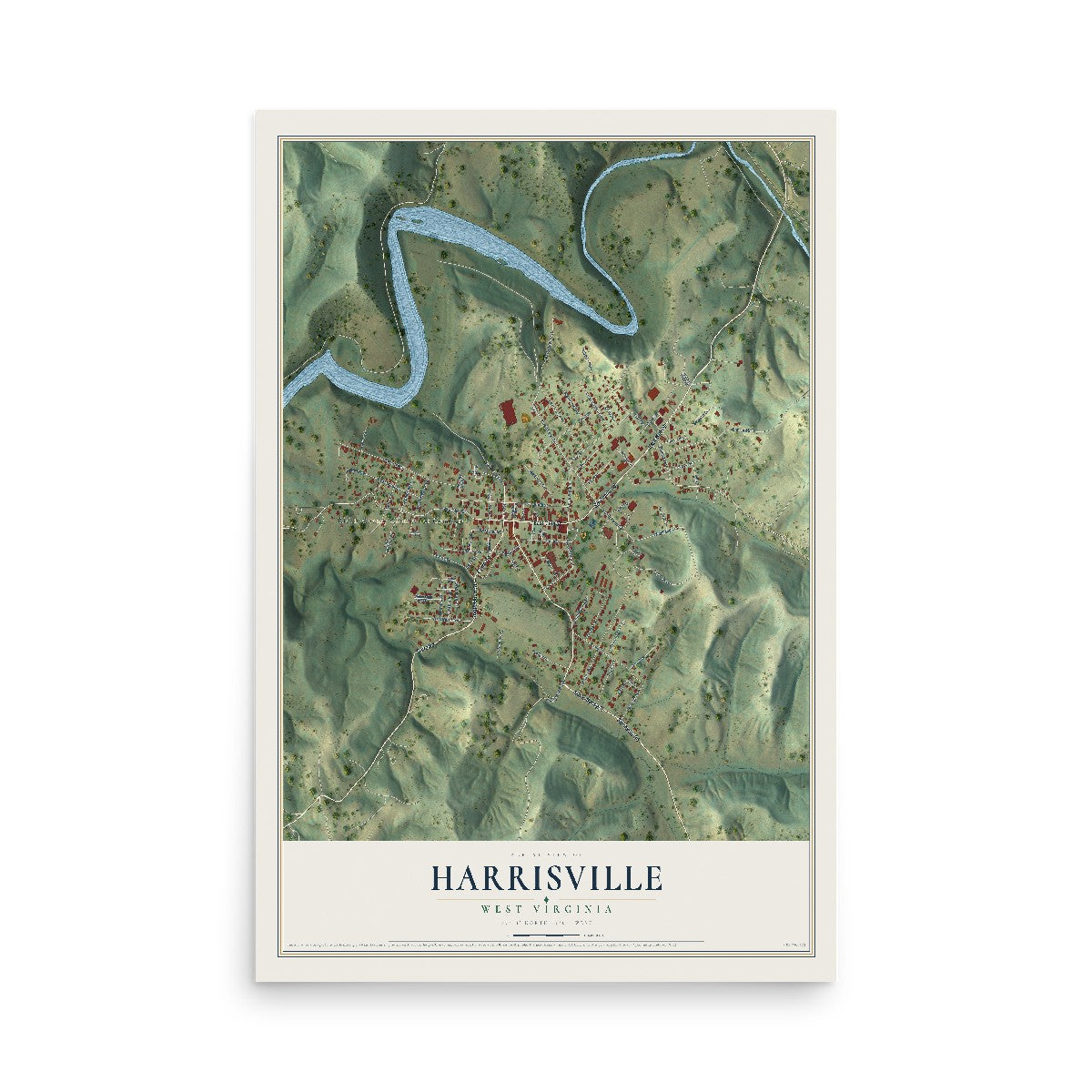Map of Harrisville, West Virginia, 12 x 18 inch unframed archival matte print