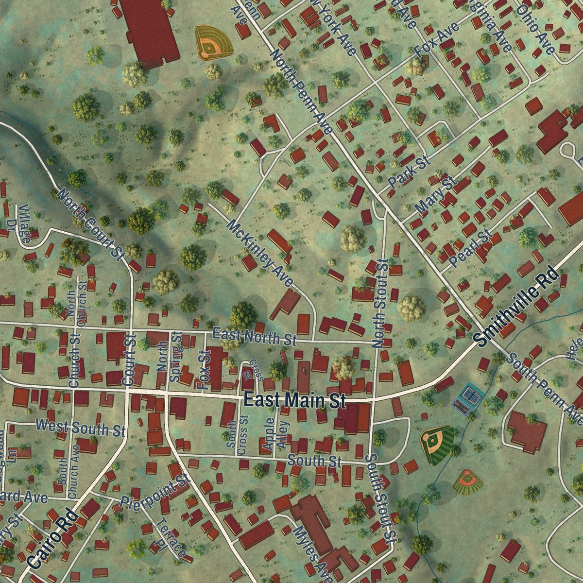 Close-up of the map of Harrisville, West Virginia print showing street and building detail