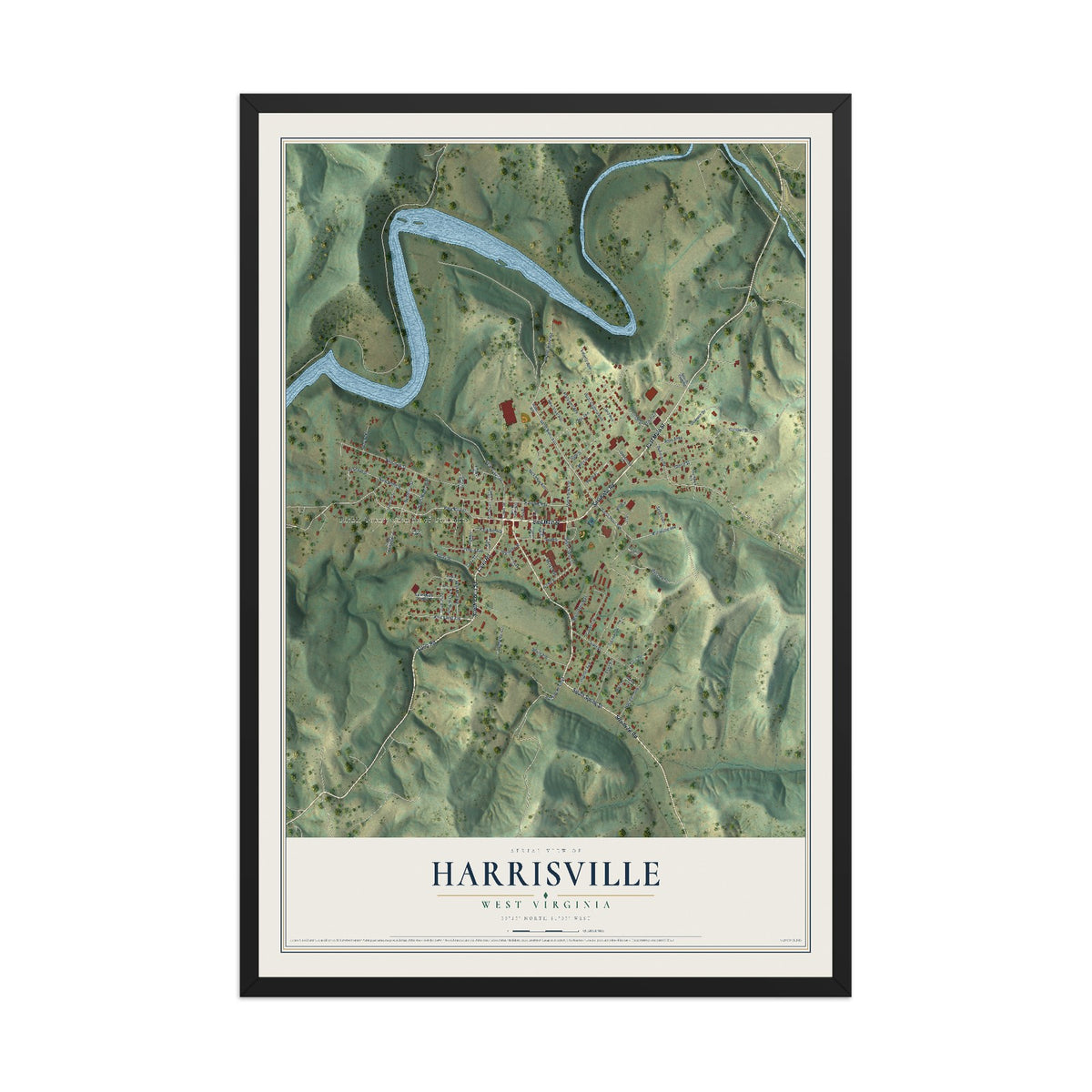 Map of Harrisville, West Virginia, 12 x 18 inch print in a black wood frame