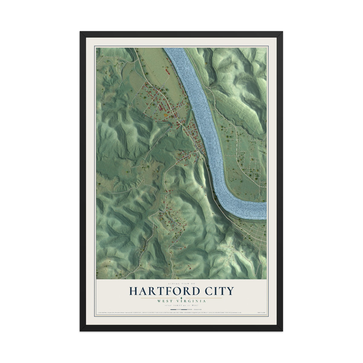 Map of Hartford City, West Virginia, 12 x 18 inch print in a black wood frame