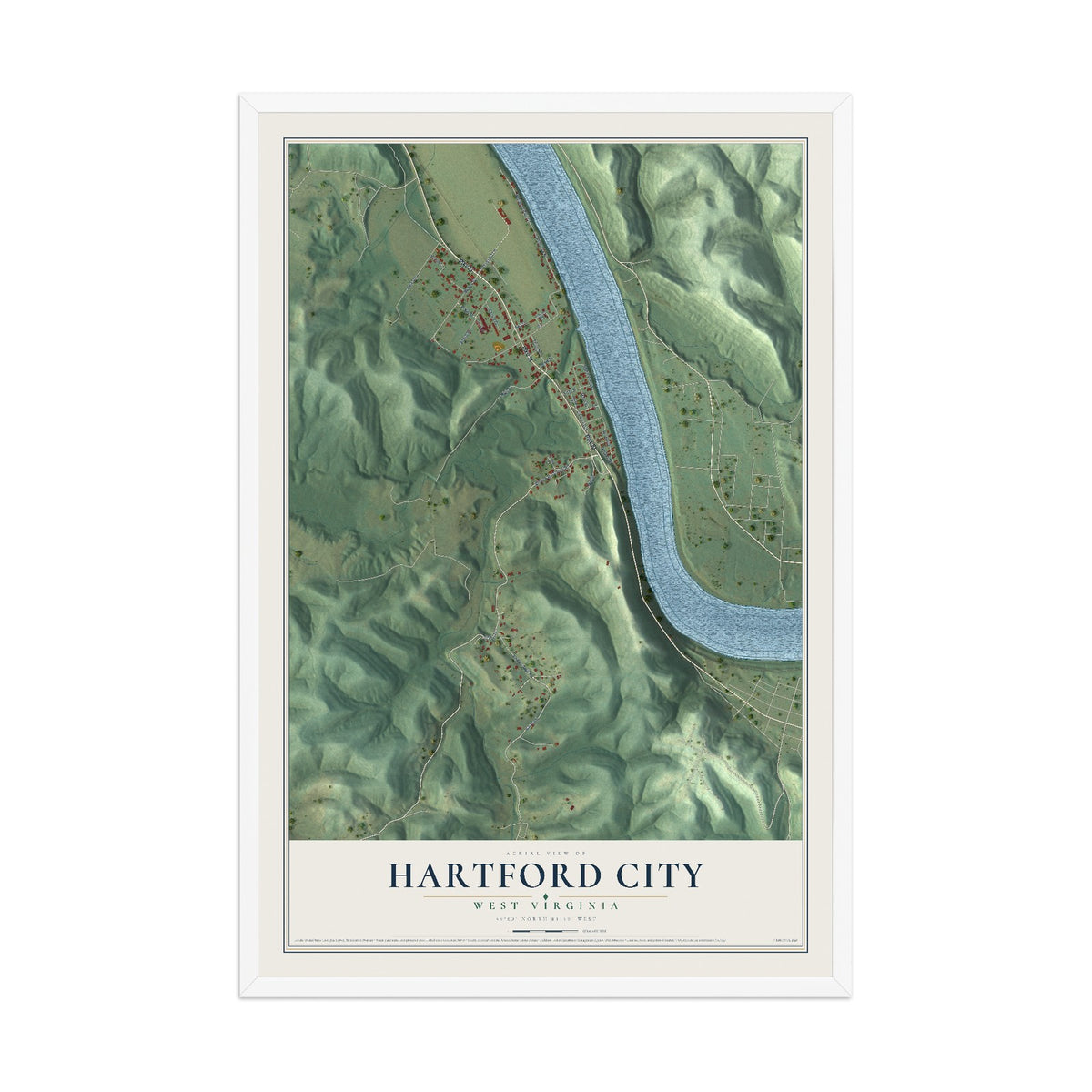 Map of Hartford City, West Virginia, 12 x 18 inch print in a white wood frame