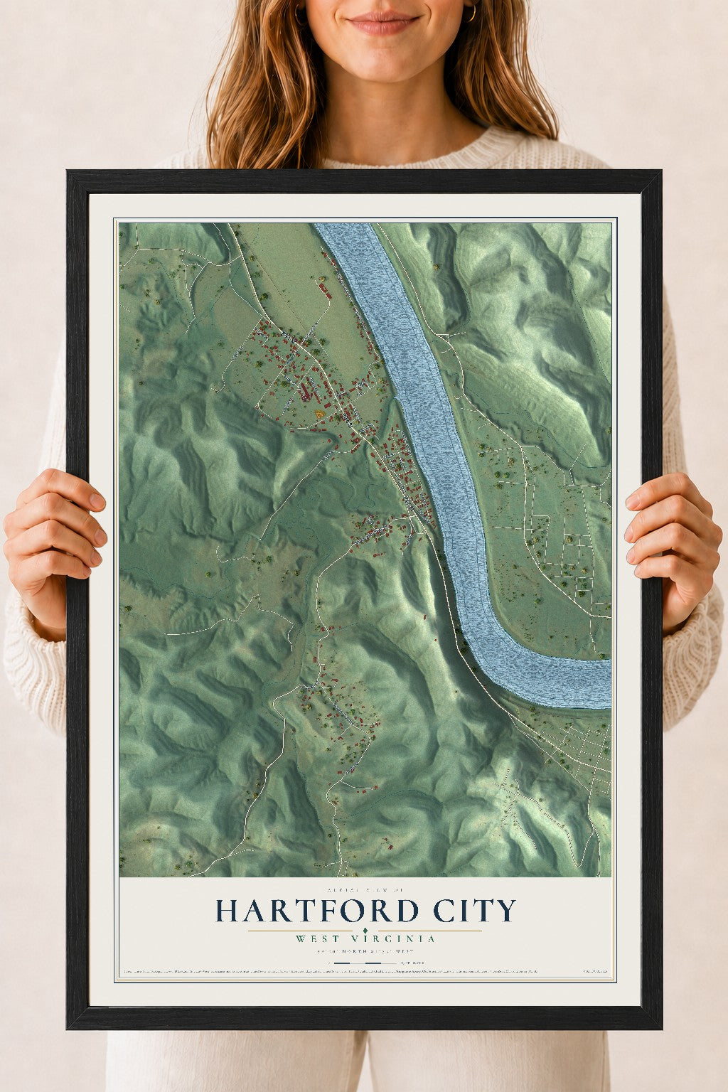 Map of Hartford City, West Virginia, 18 x 24 inch print in a black wood frame