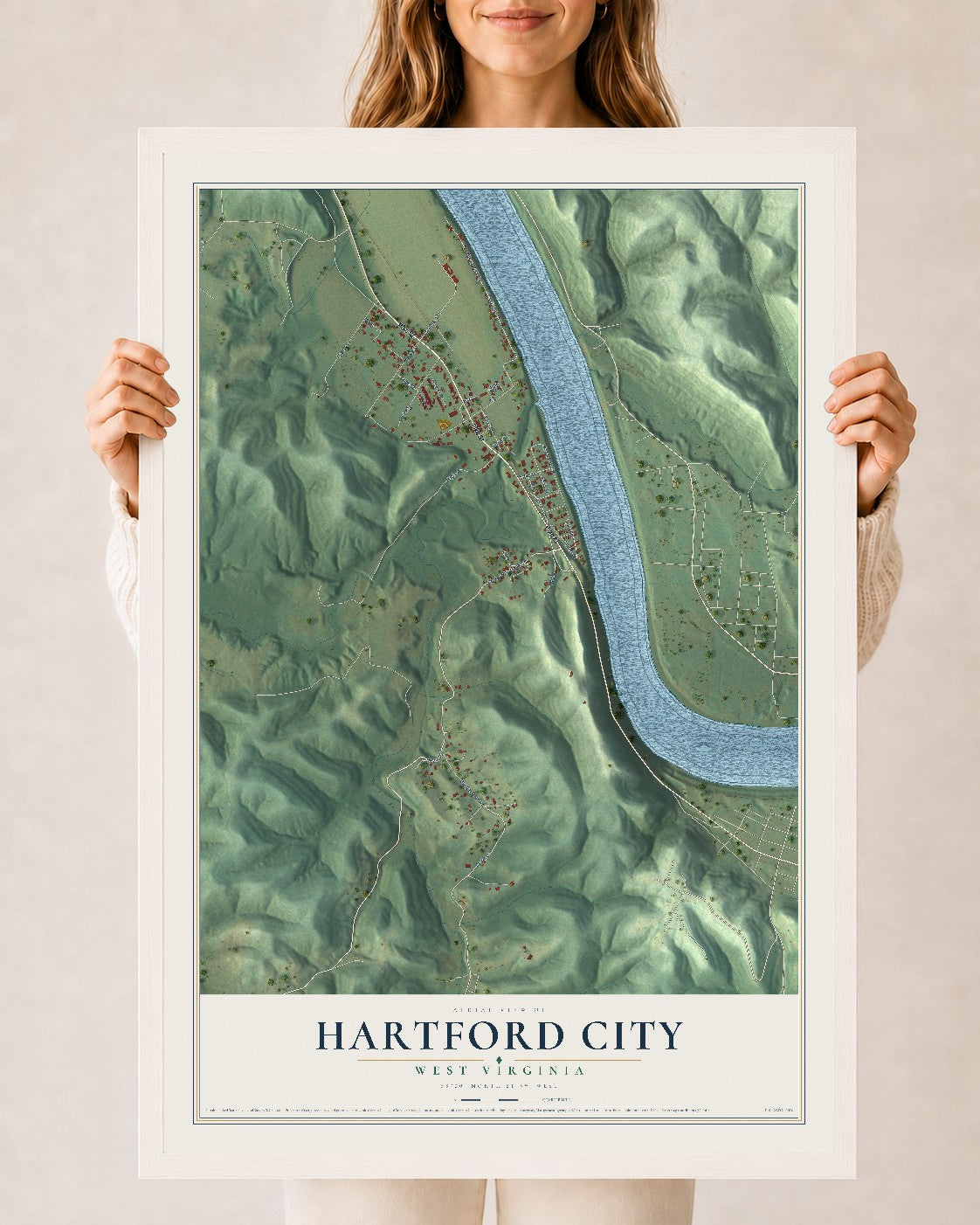 Map of Hartford City, West Virginia, 24 x 36 inch print in a white wood frame
