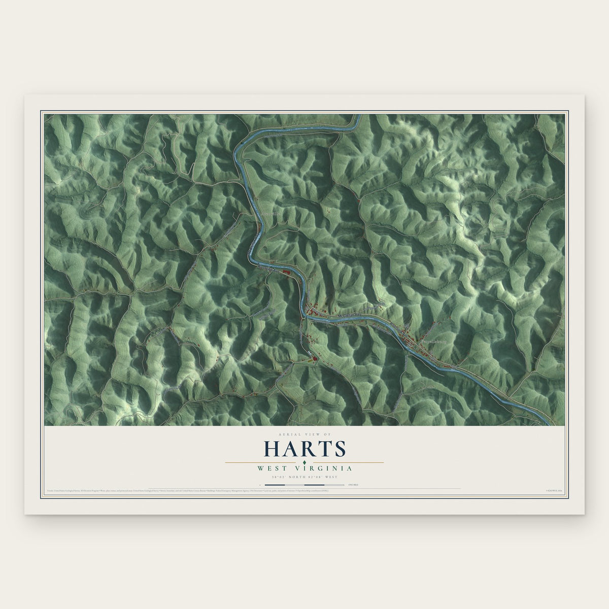 Harts, West Virginia map print, the full design