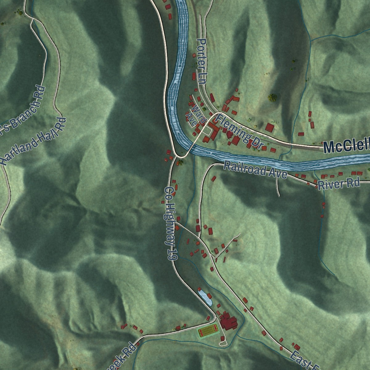 Close-up of the map of Harts, West Virginia print showing street and building detail