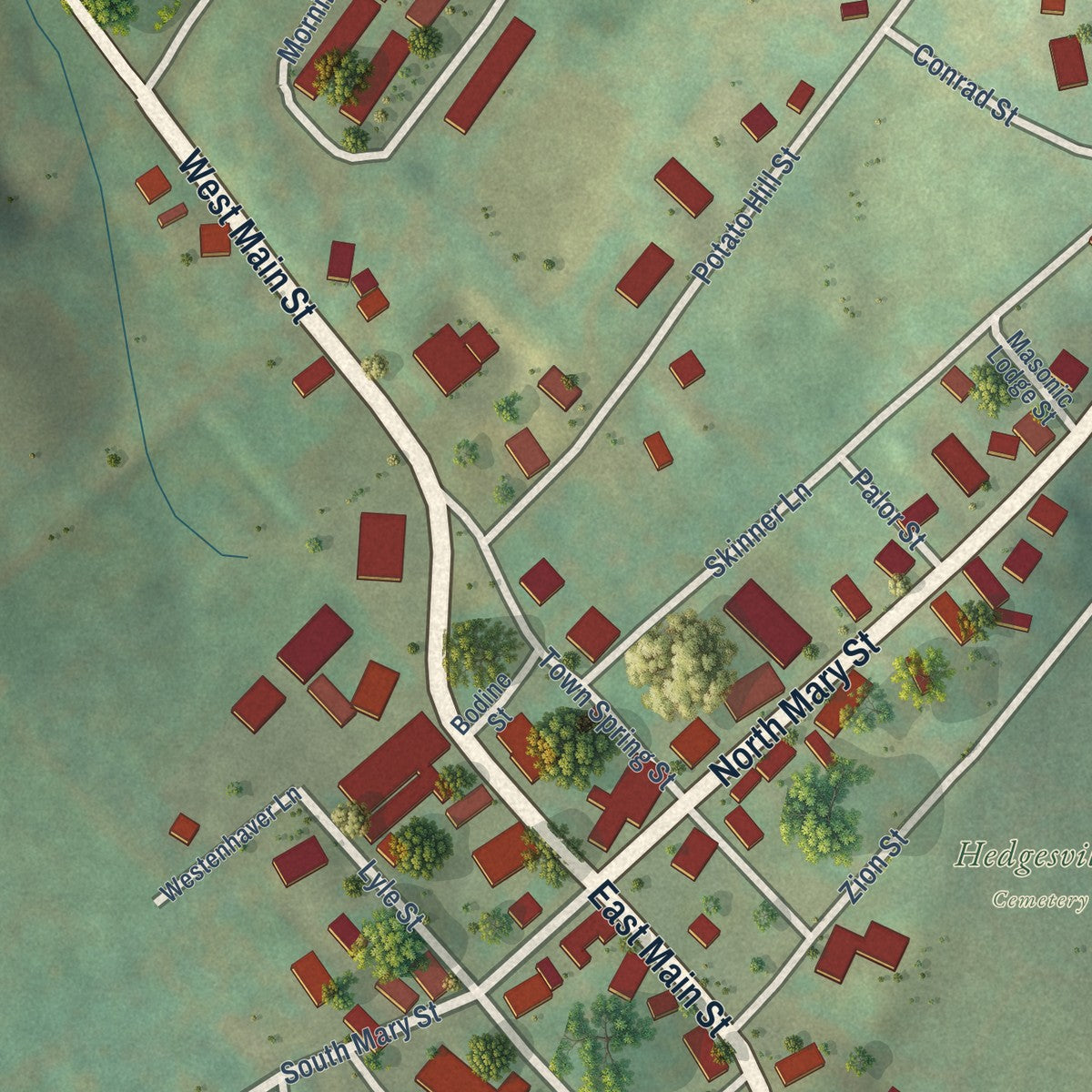 Close-up of the map of Hedgesville, West Virginia print showing street and building detail