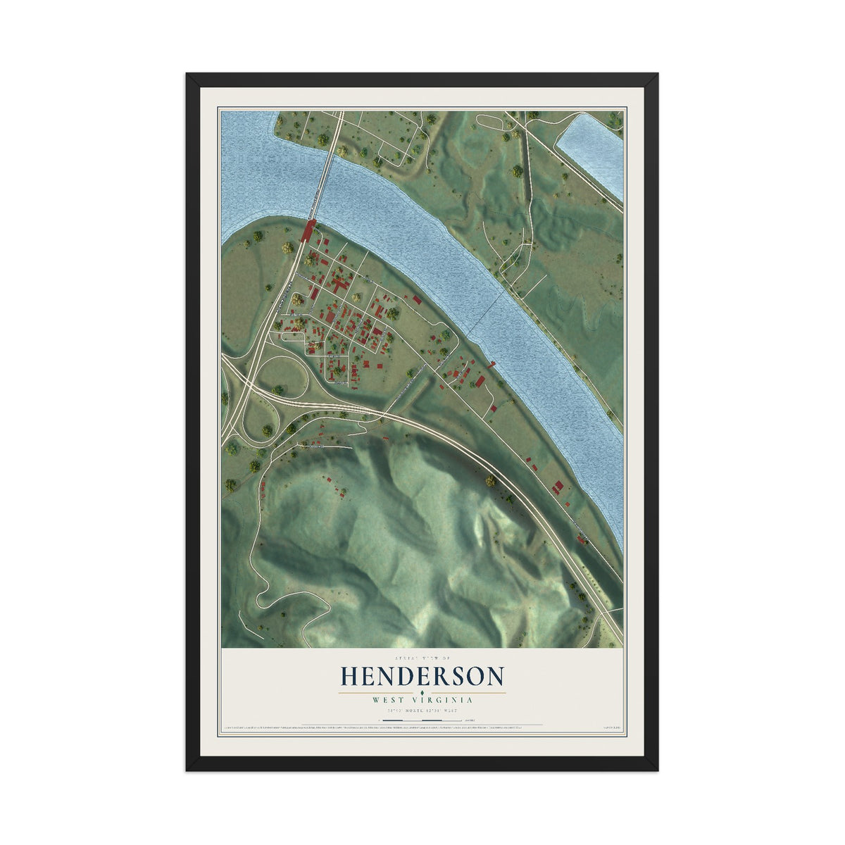 Map of Henderson, West Virginia, 12 x 18 inch print in a black wood frame