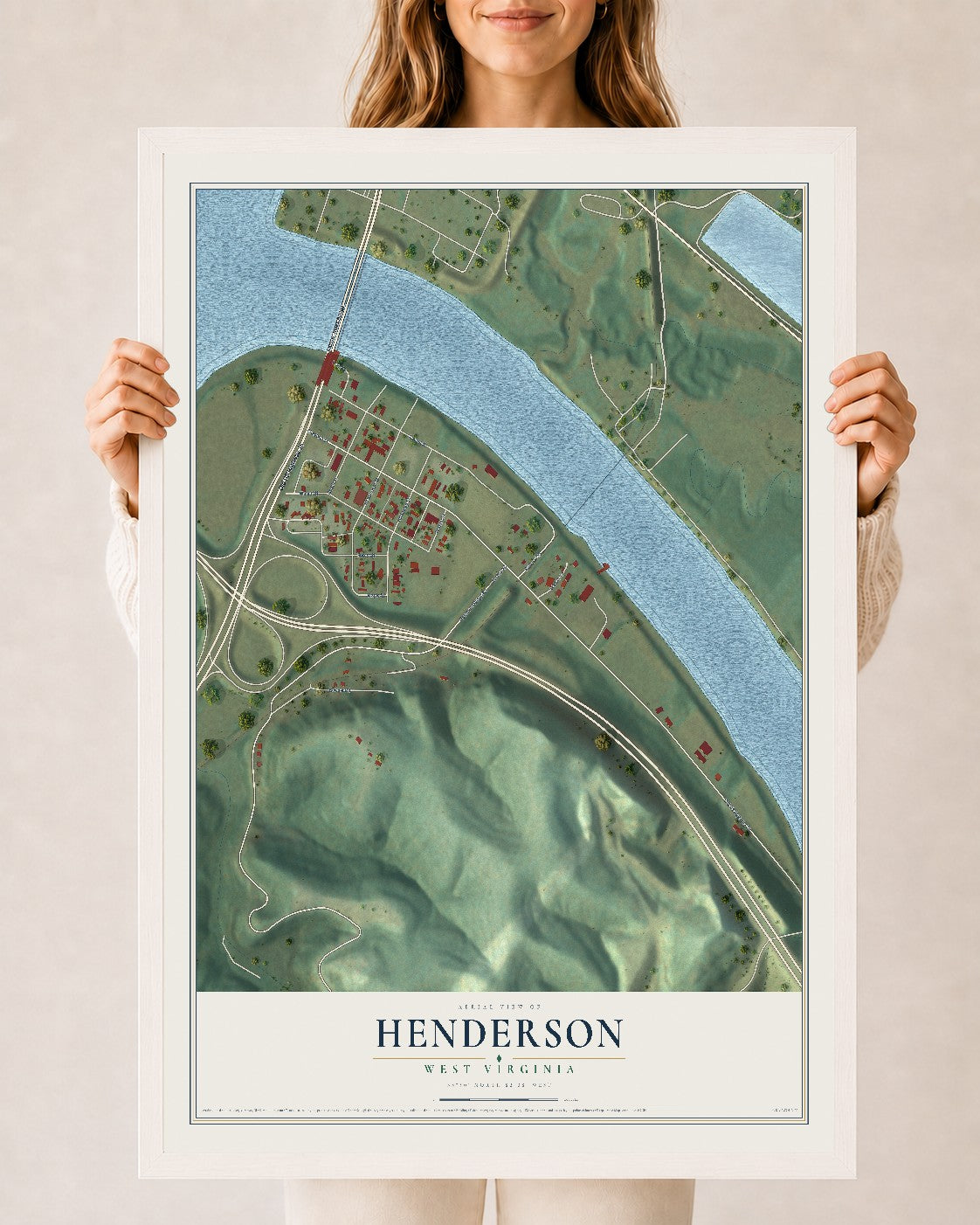 Map of Henderson, West Virginia, 24 x 36 inch print in a white wood frame