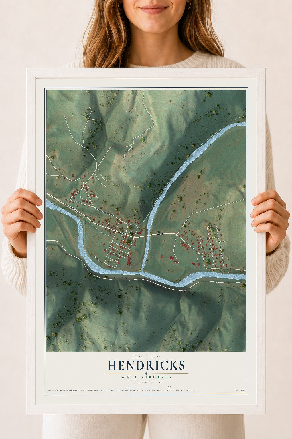 Map of Hendricks, West Virginia, 18 x 24 inch print in a white wood frame