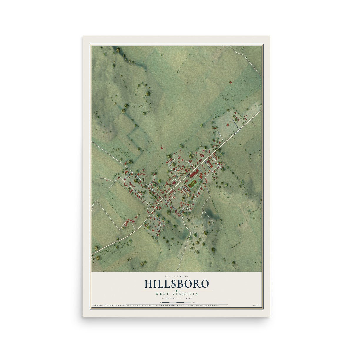 Map of Hillsboro, West Virginia, 12 x 18 inch unframed archival matte print