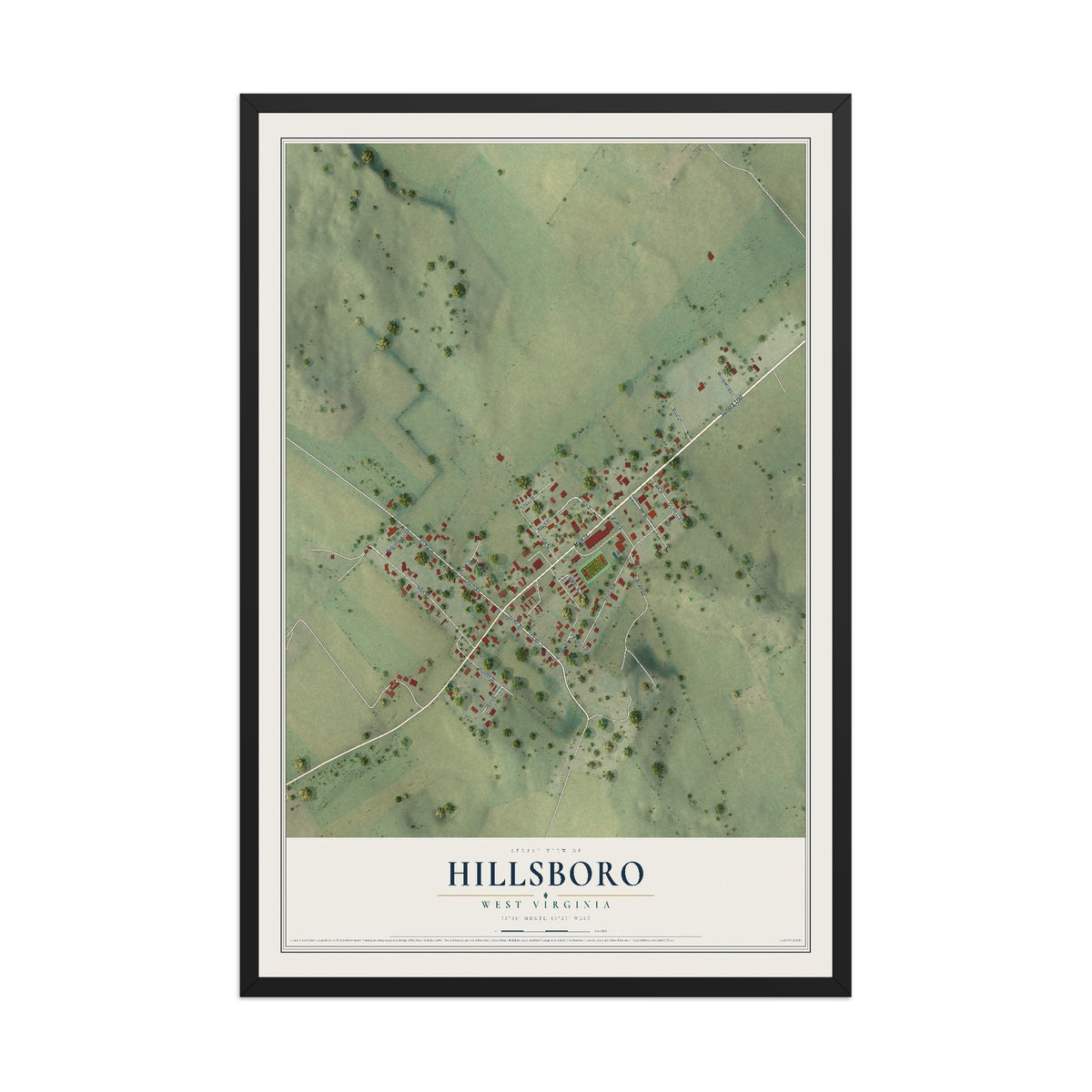 Map of Hillsboro, West Virginia, 12 x 18 inch print in a black wood frame