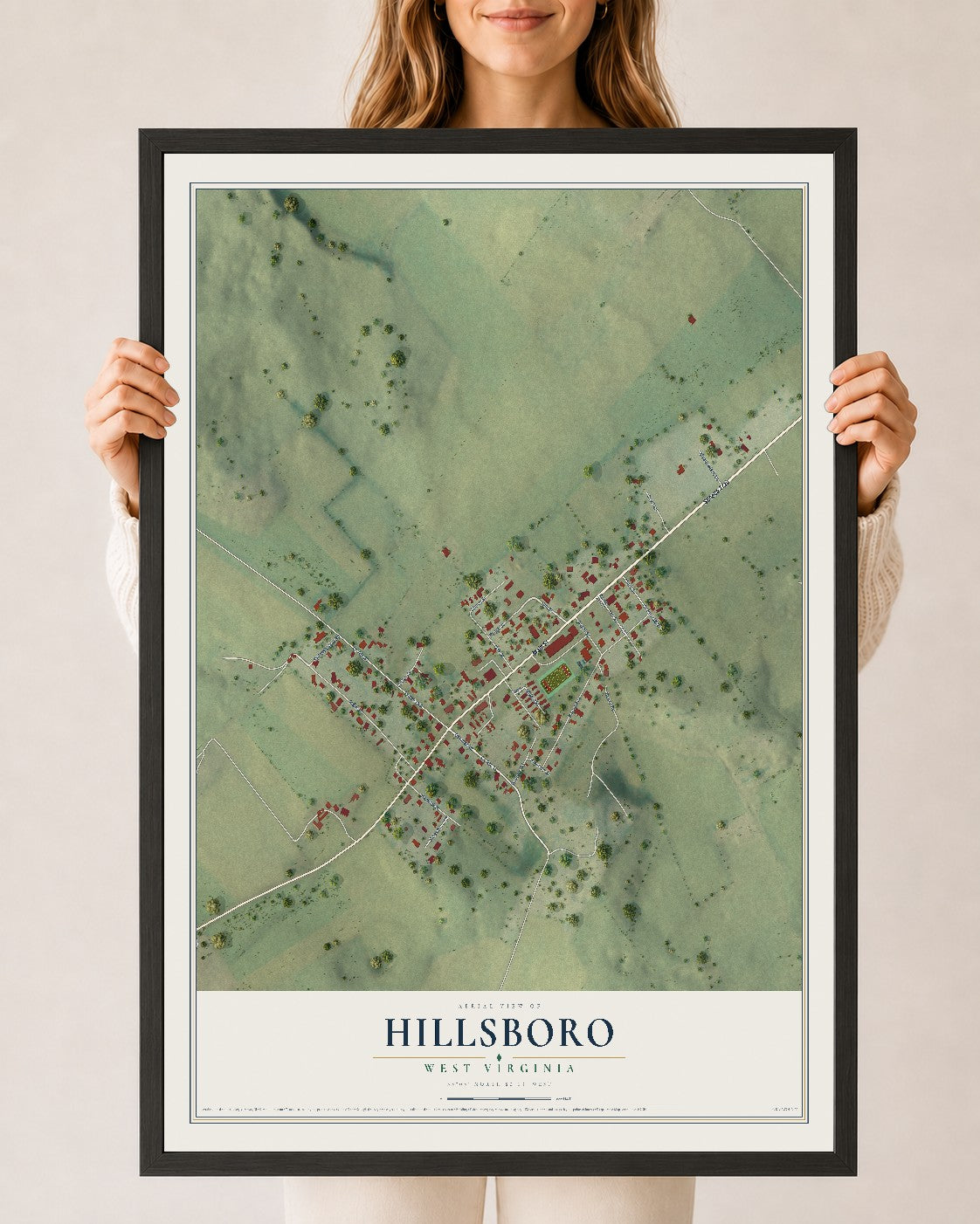 Map of Hillsboro, West Virginia, 24 x 36 inch print in a black wood frame