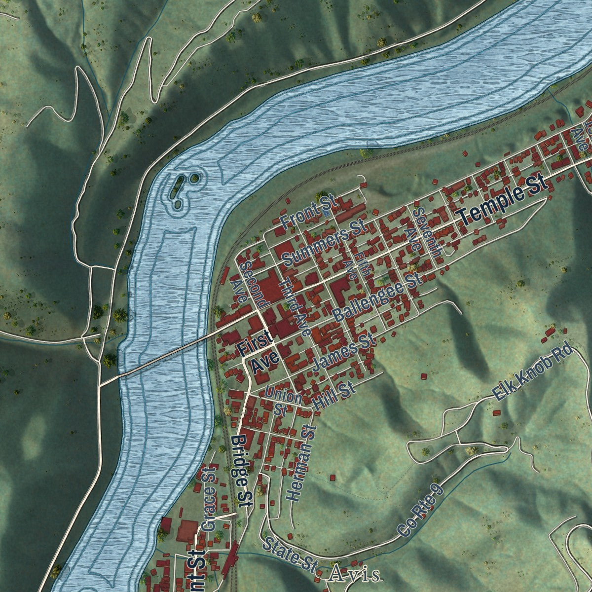 Close-up of the map of Hinton, West Virginia print showing street and building detail